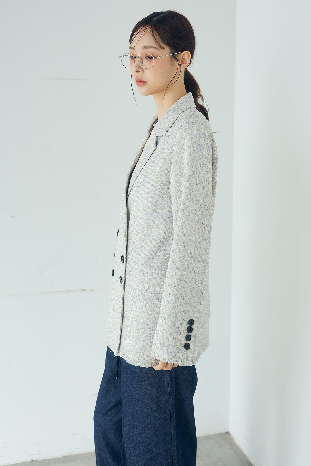 [SET]スラブネップツイードフリンジテーラードジャケット+ウエスト裁ち切りデニムワイドパンツ+サテンレースアシメキャミ(3set)