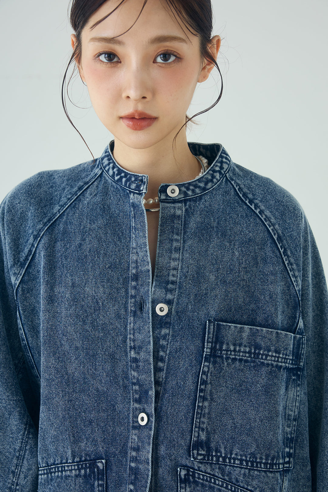 [SET]カラーデニムケミカル加工ノーカラーブルゾン+カラーデニムケミカル加工コクーンパンツ(2set)