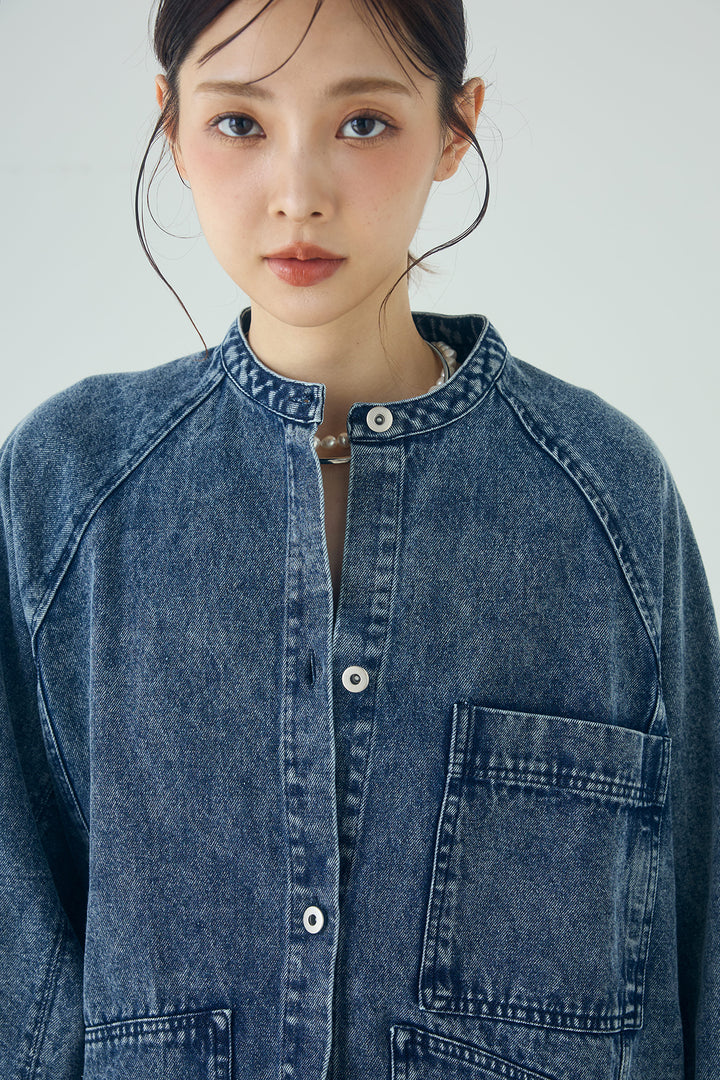 [SET]カラーデニムケミカル加工ノーカラーブルゾン+カラーデニムケミカル加工コクーンパンツ(2set)