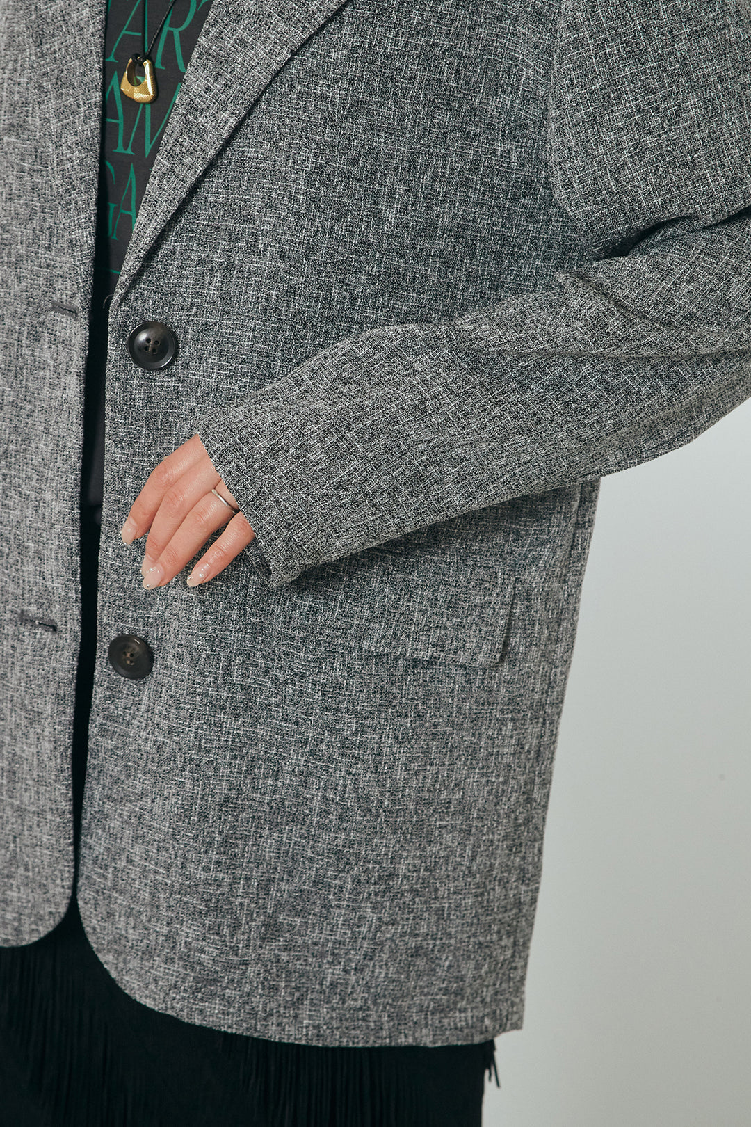 [SET]ミックスツイードベルト付きジャケット+斜めフリンジデザインスカート(2set)