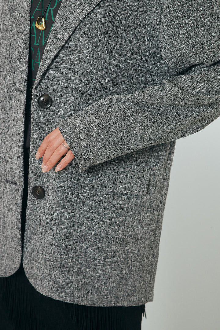 [SET]ミックスツイードベルト付きジャケット+斜めフリンジデザインスカート(2set)