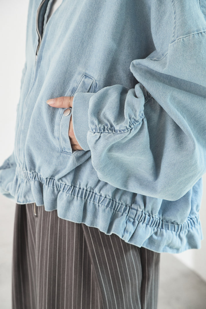 [SET]袖シャーリング裾フリルデニムブルゾン+デニムサイドフリルパンツ(2set)