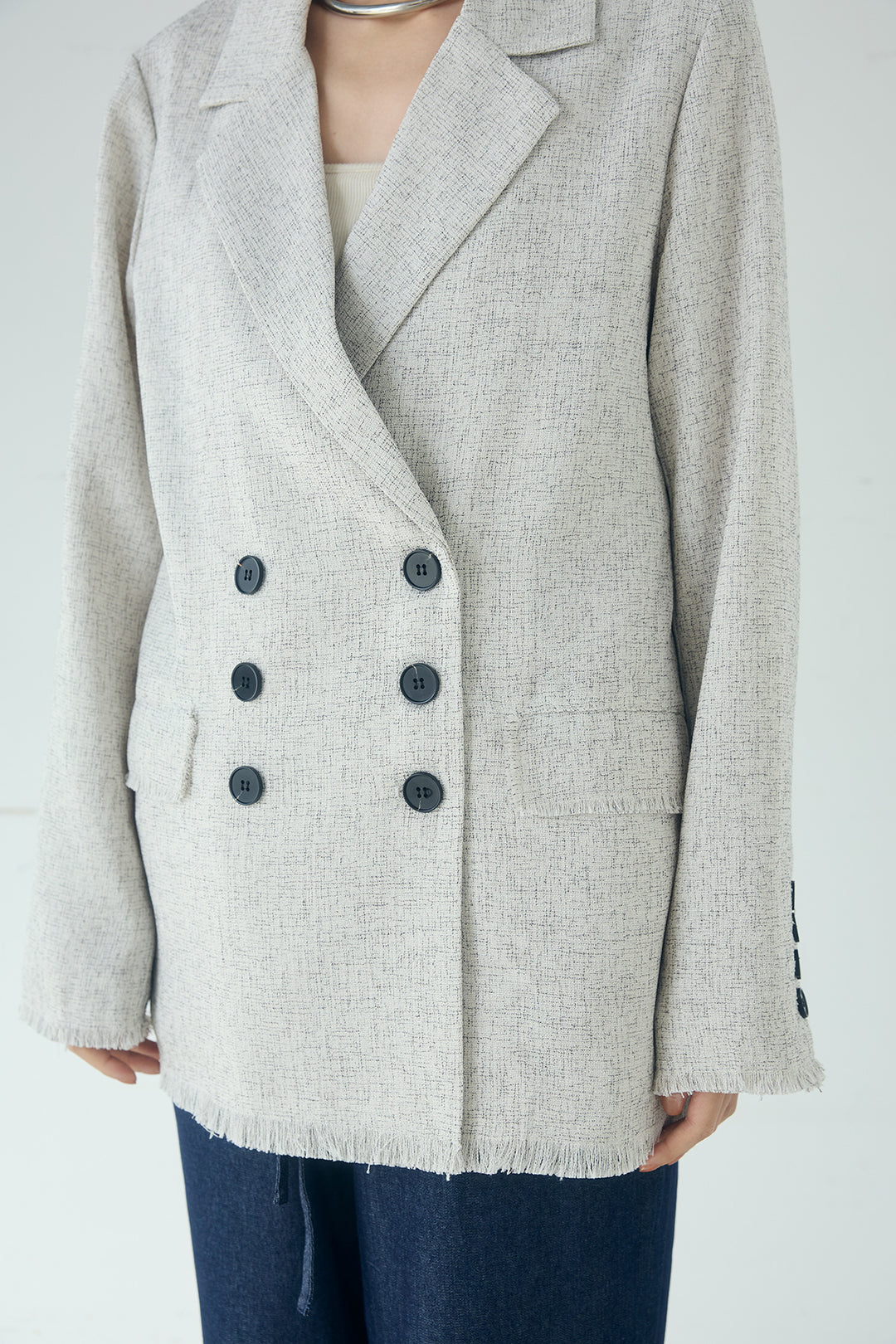 [SET]スラブネップツイードフリンジテーラードジャケット+ウエスト裁ち切りデニムワイドパンツ(2set)