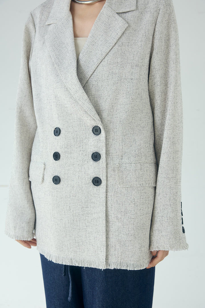 [SET]スラブネップツイードフリンジテーラードジャケット+サイドデザイン入りスウェットパンツ+裾レースキャミソール(3set)