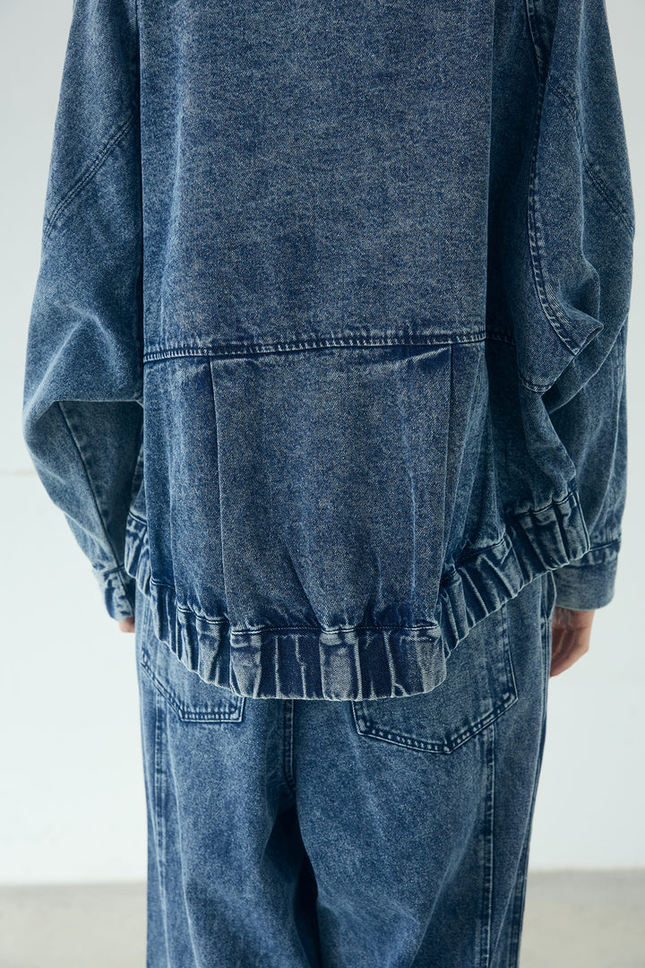 カラーデニムケミカル加工ノーカラーブルゾン