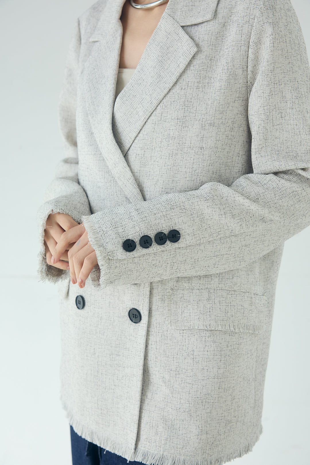 [SET]スラブネップツイードフリンジテーラードジャケット+デニムペプラムコンビネゾン(2set)