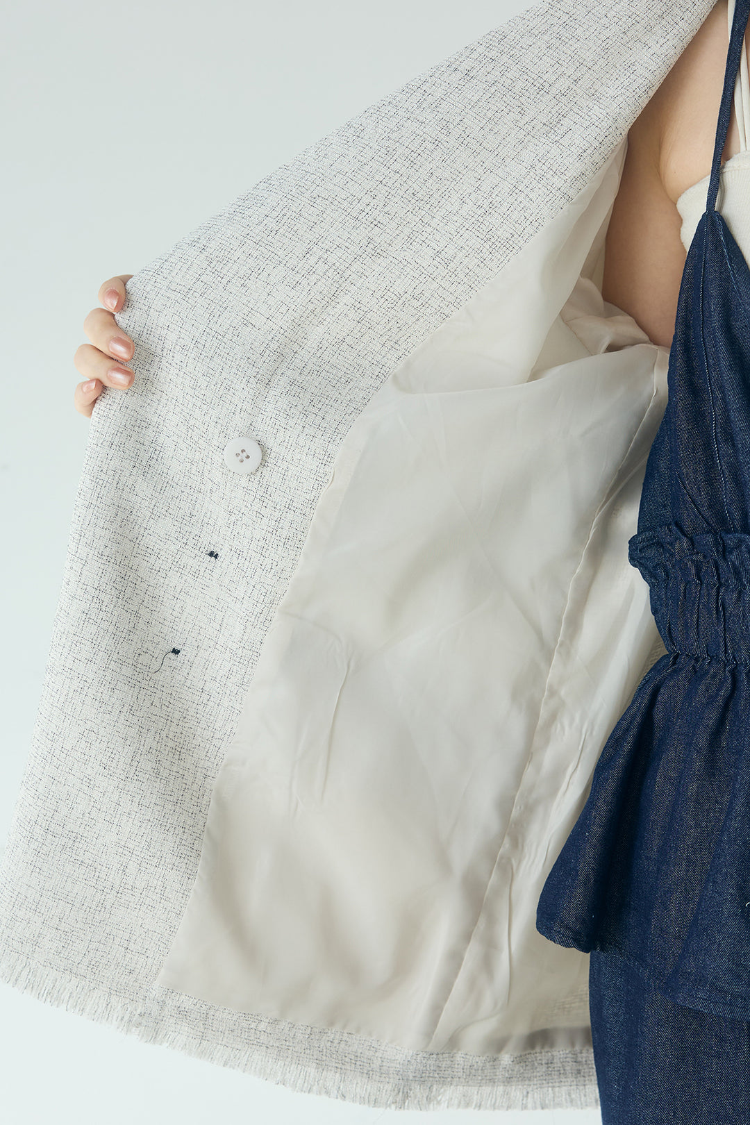 [SET]スラブネップツイードフリンジテーラードジャケット+デニムペプラムコンビネゾン(2set)