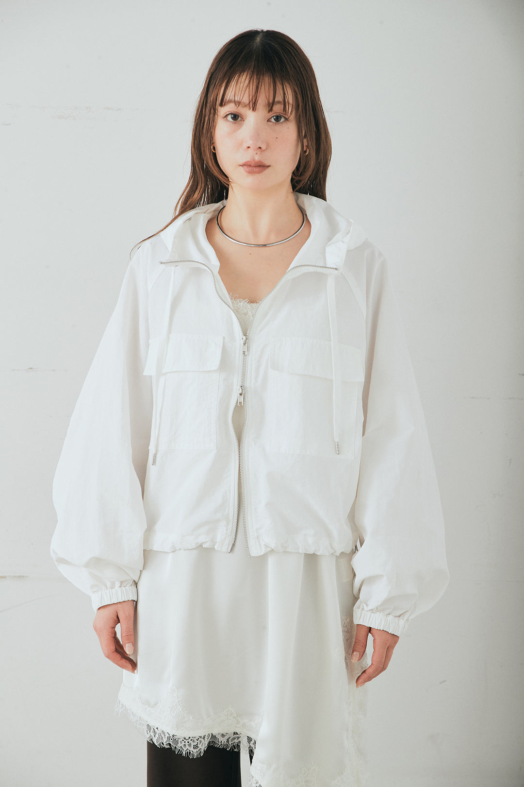 [SET]ナイロンボリュームWジップパーカーブルゾン+細編みベルト付きパンツ(2set)