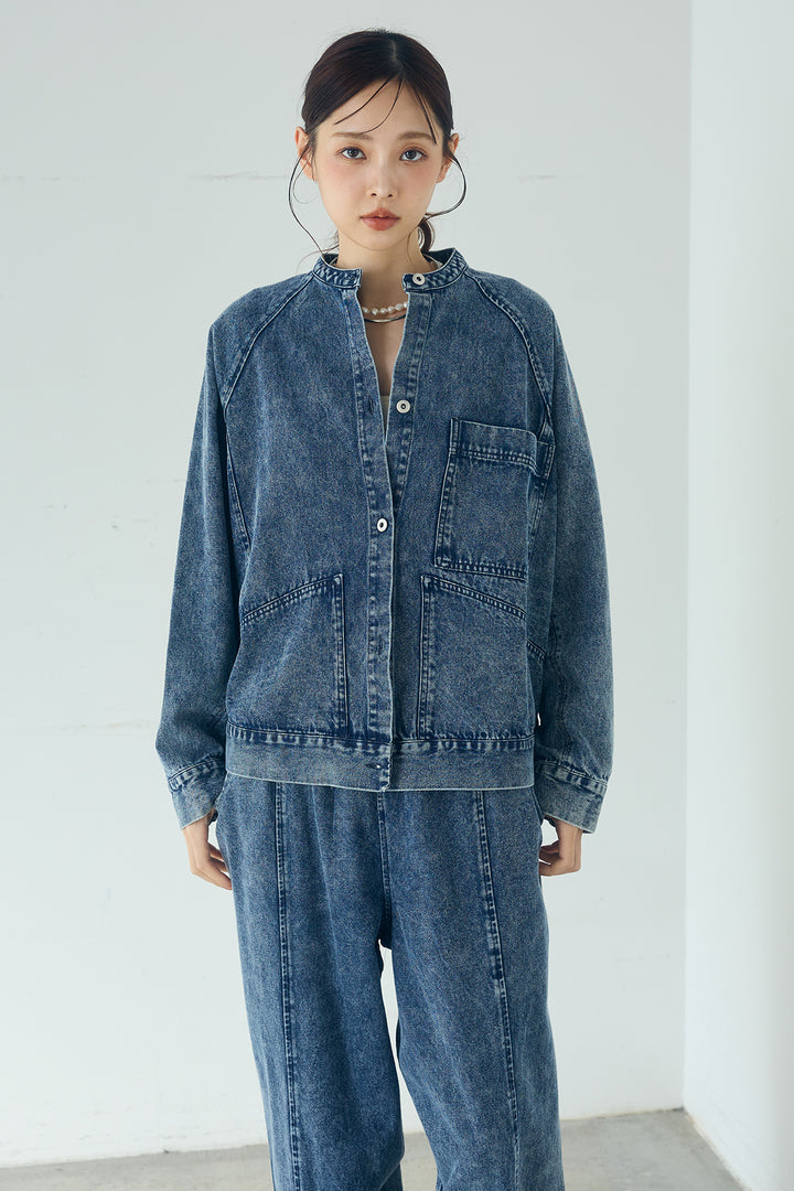 カラーデニムケミカル加工ノーカラーブルゾン
