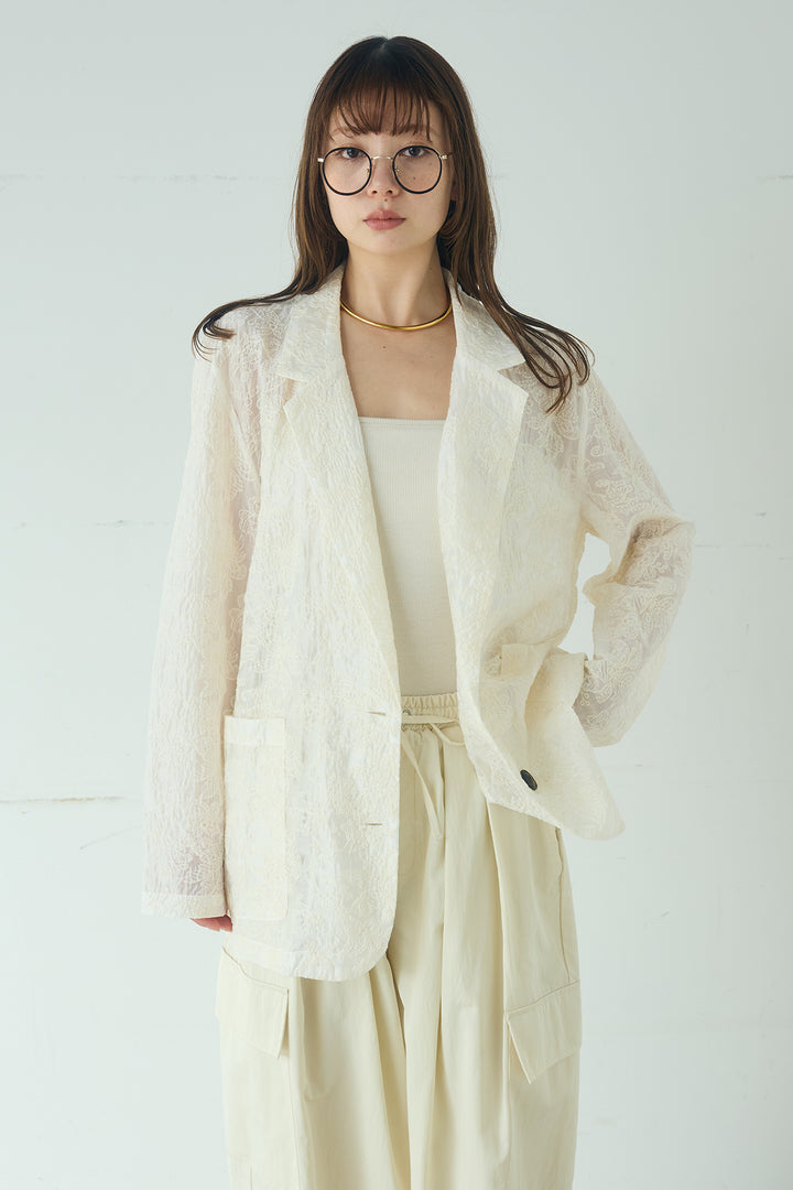 [SET]刺繍シアーテーラードジャケット+撥水フリルビスチェ+撥水ジョガーパンツ(3set)