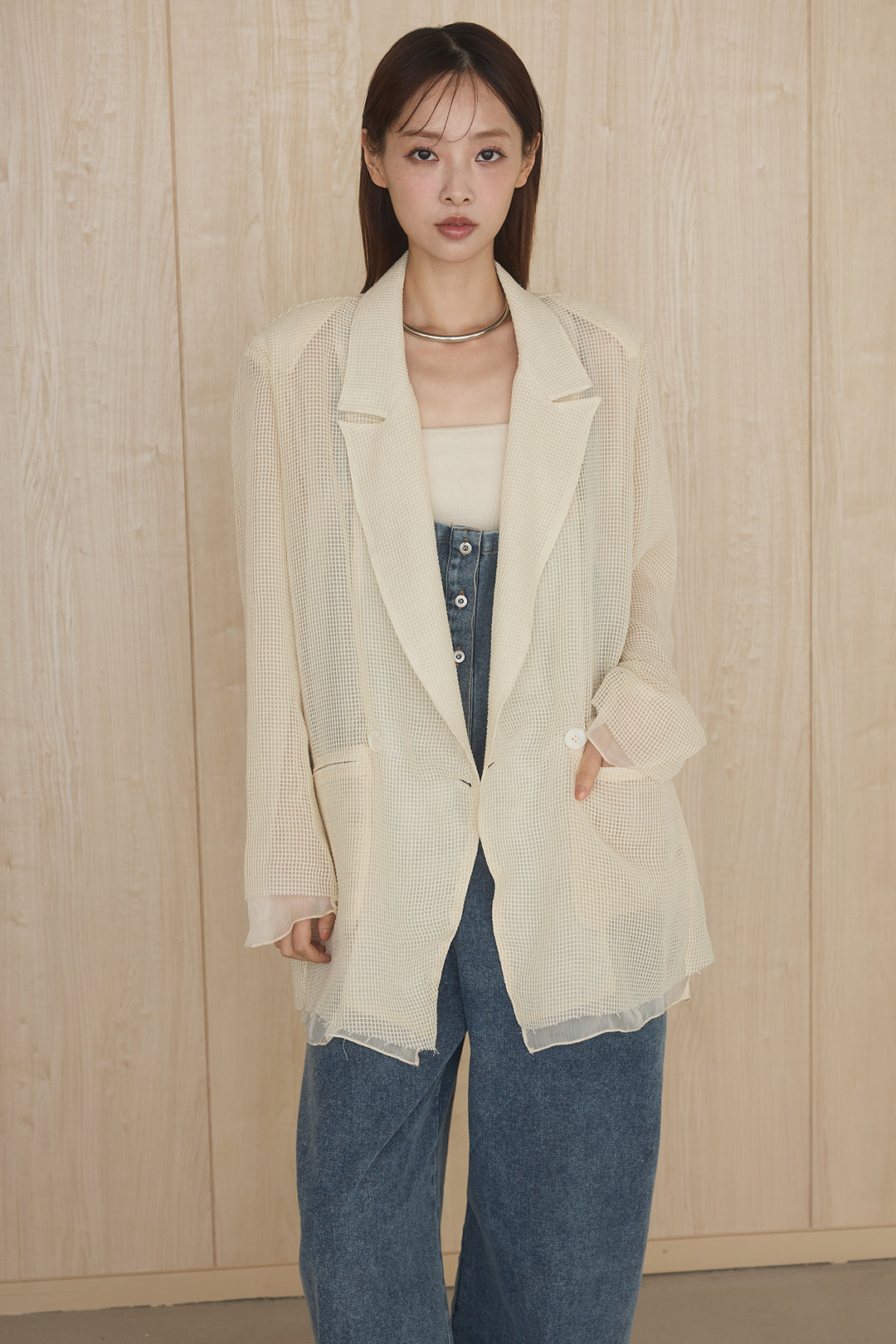 [SET]メッシュテーラードワイドジャケット+ノースリロングワンピース(2set)