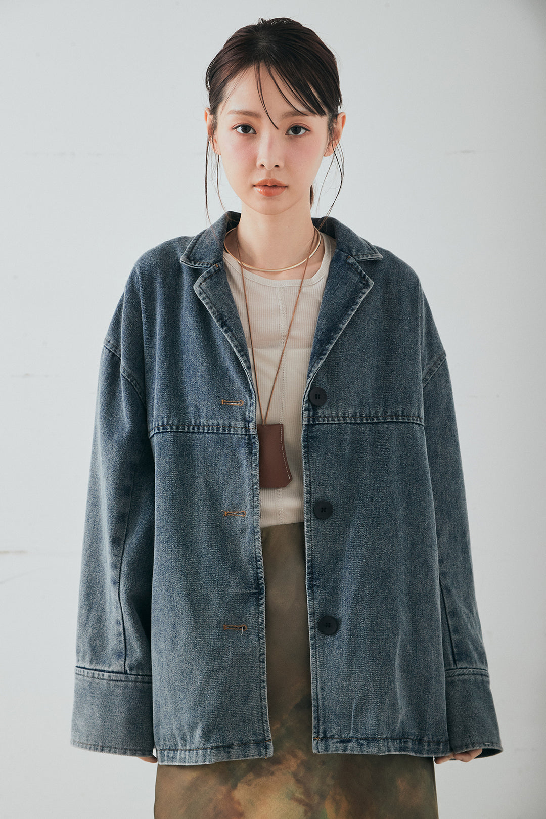 [SET]オーバーデニムジャケット+デニムライクツイルタックパンツ+デニムライクツイルティアードキャミソール(3set)
