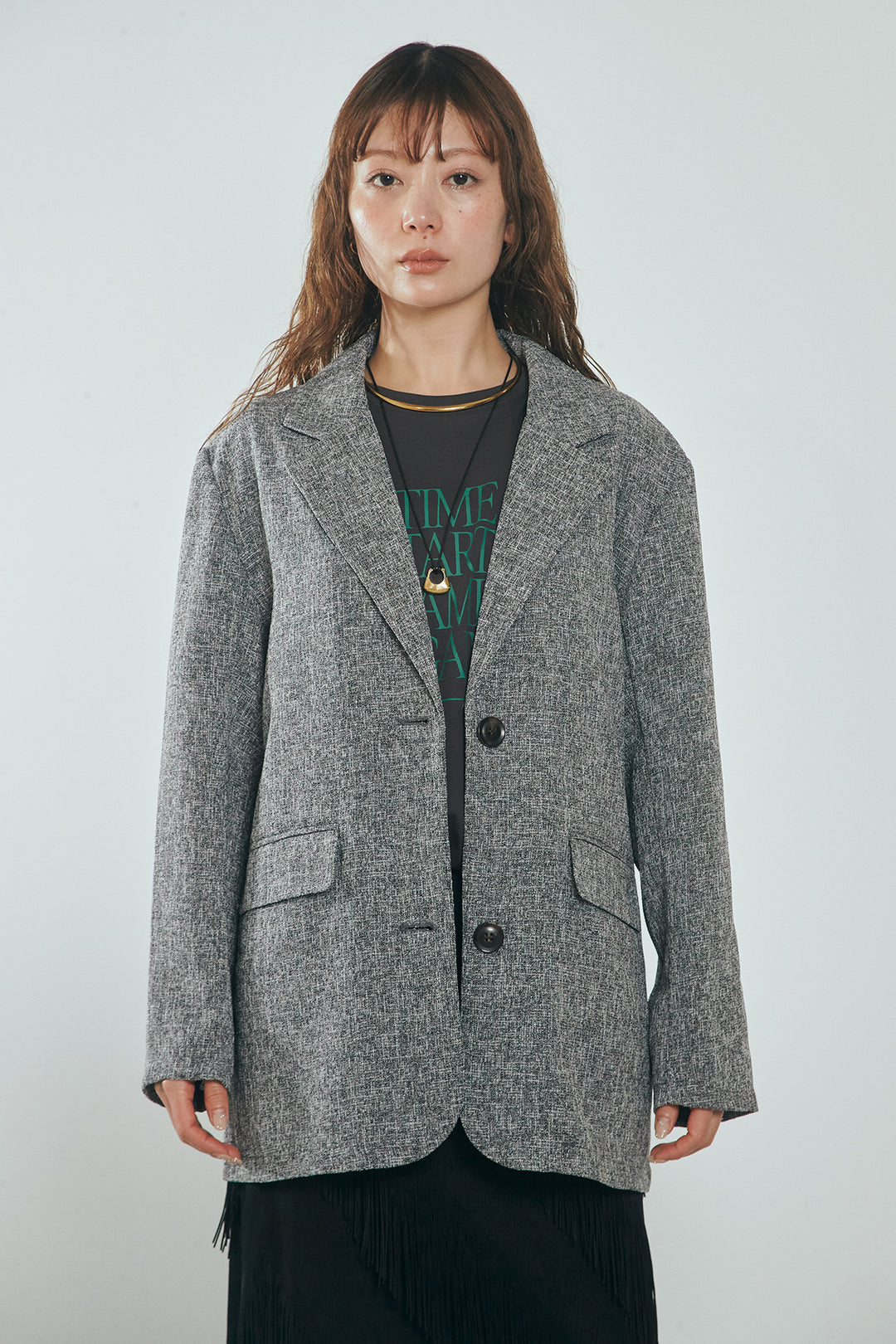 [SET]ミックスツイードベルト付きジャケット+斜めフリンジデザインスカート(2set)