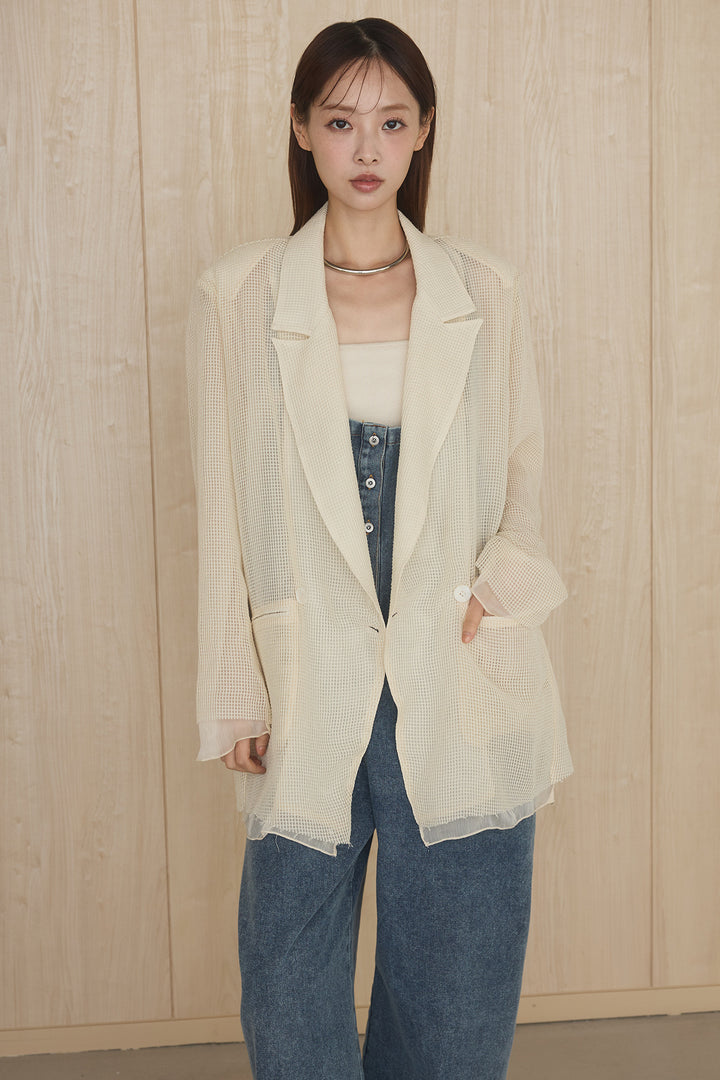 [SET]メッシュテーラードワイドジャケット+フロントボタンデニムサロペット(2set)