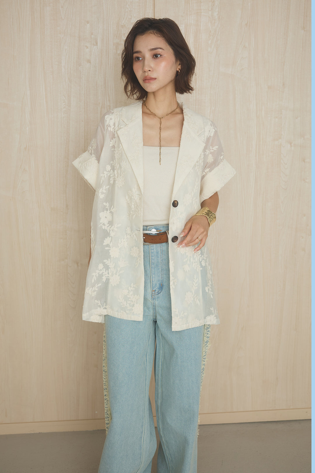 [SET]半袖シアー花柄刺繍テーラードジャケット+デニムサイドレースパンツ(2set)