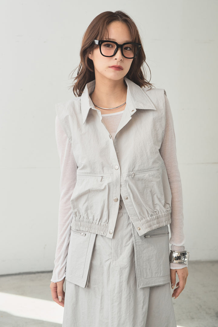 [SET]襟付きナイロンベスト+サイドデザインナイロンスカート+リブシアークルーネック長袖トップス(3set)