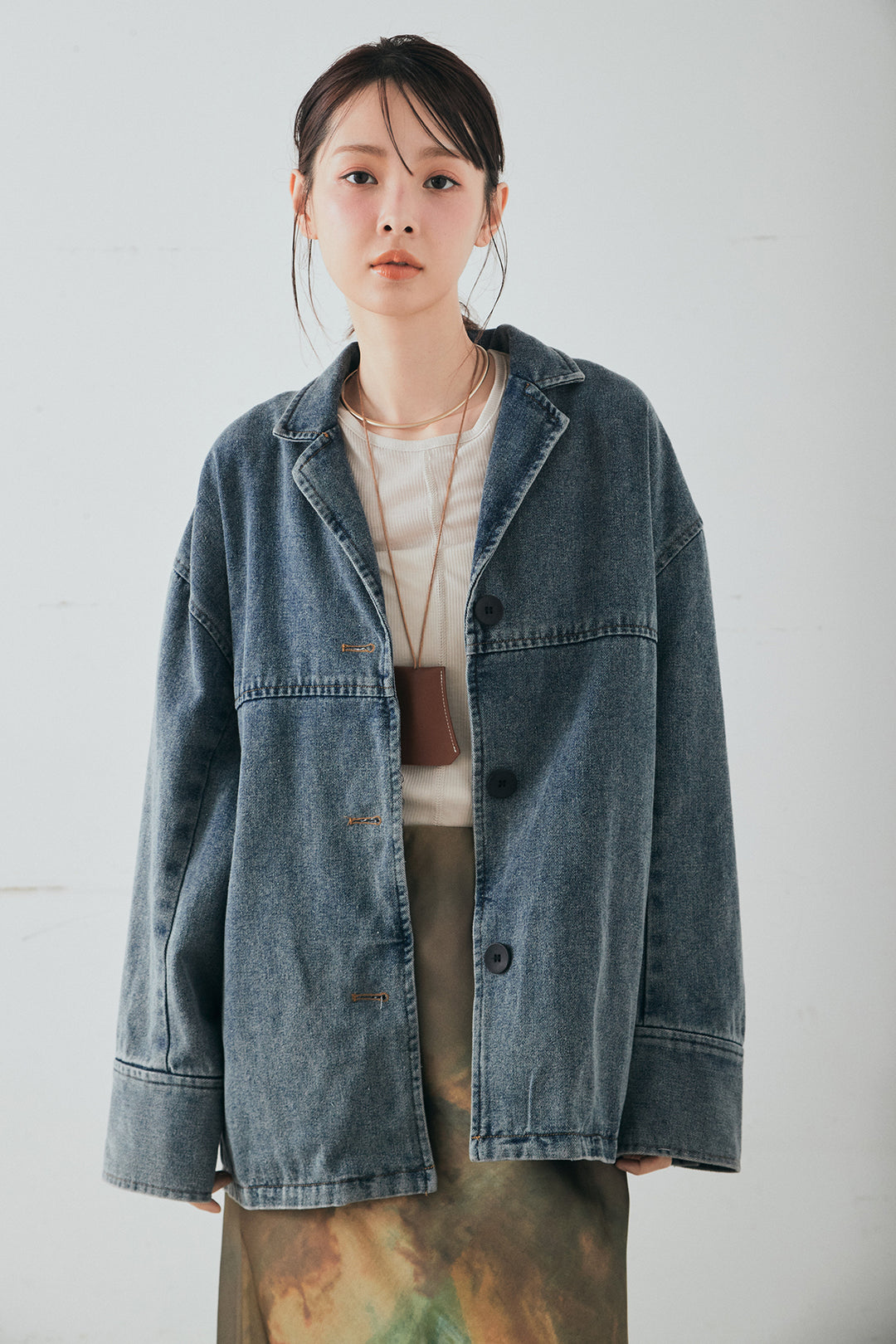 [SET]オーバーデニムジャケット+デニムライクツイルタックパンツ+デニムライクツイルティアードキャミソール(3set)