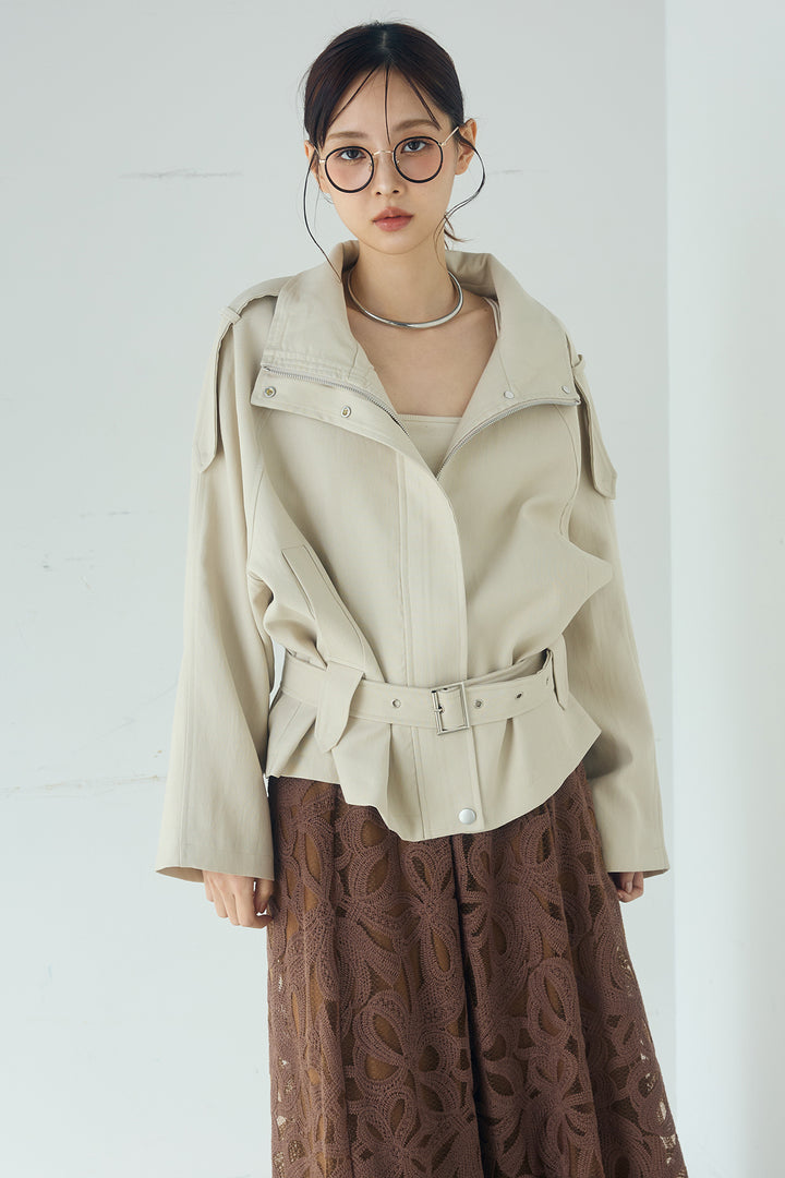 [SET]ベルト付きスタンドネックアウター+ツイルタックハーフパンツ(2set)