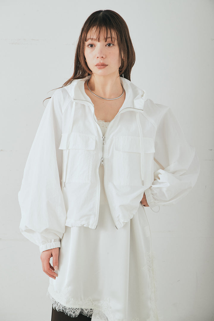 [SET]ナイロンボリュームWジップパーカーブルゾン+サテンレースアシメキャミ+細編みベルト付きパンツ+サテンレースアシメキャミ(3set)