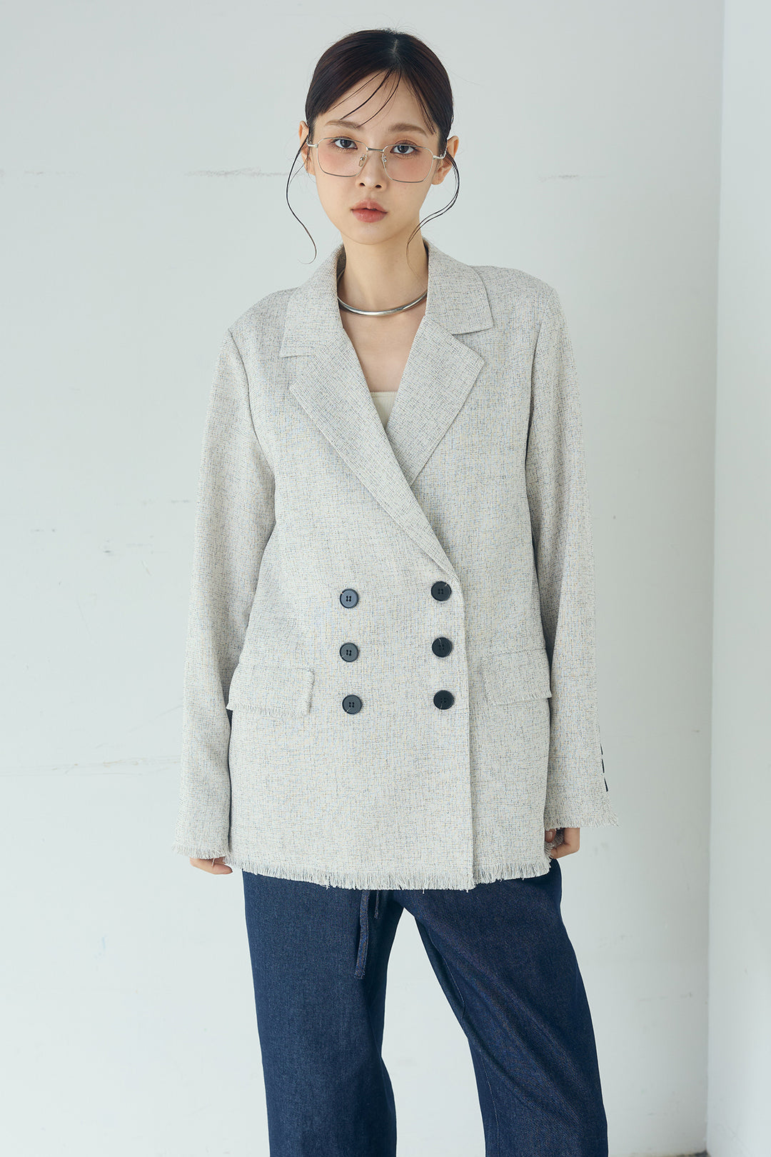 [SET]スラブネップツイードフリンジテーラードジャケット+サイドデザイン入りスウェットパンツ(2set)