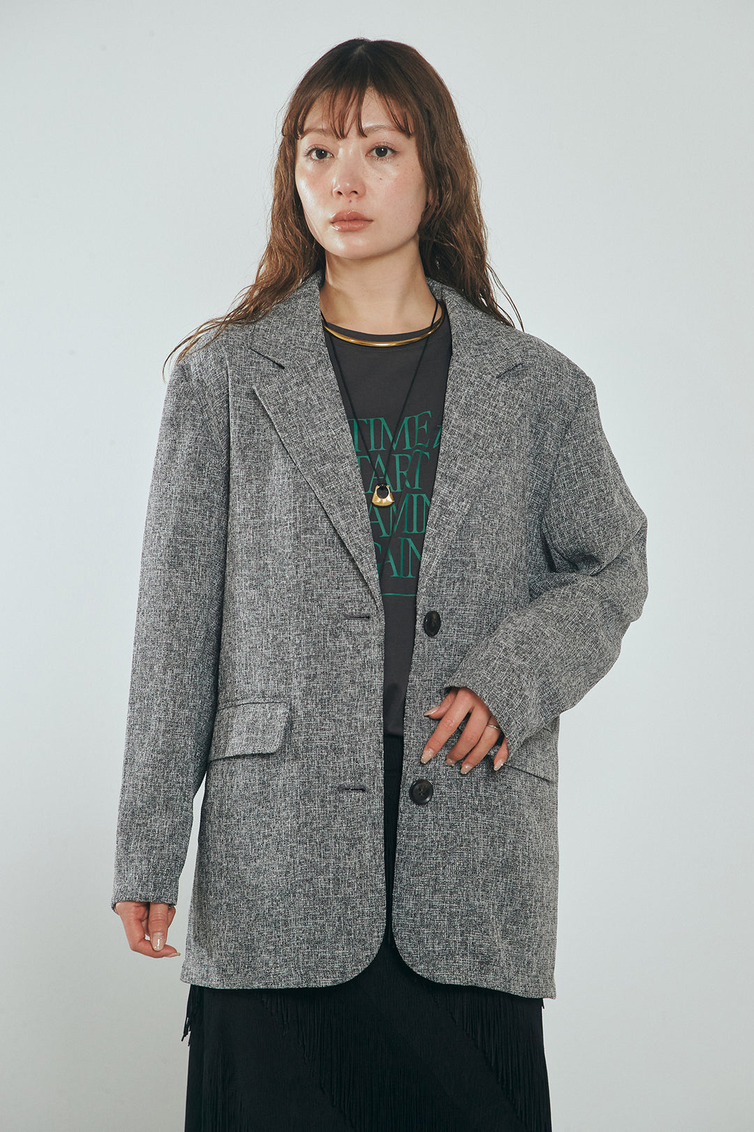 [SET]ミックスツイードベルト付きジャケット+斜めフリンジデザインスカート(2set)