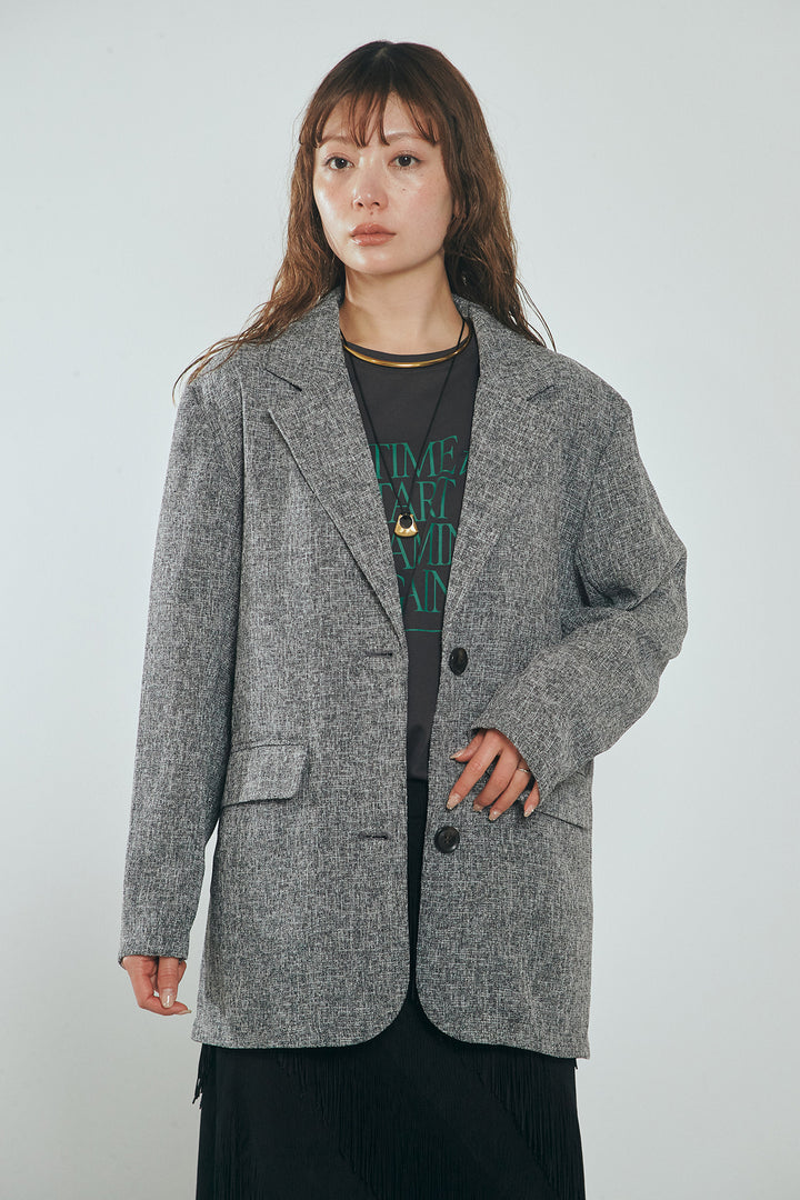 [SET]ミックスツイードベルト付きジャケット+斜めフリンジデザインスカート(2set)