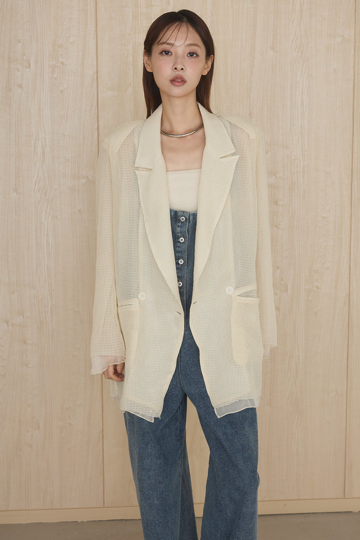 [SET]メッシュテーラードワイドジャケット+フロントボタンデニムサロペット(2set)