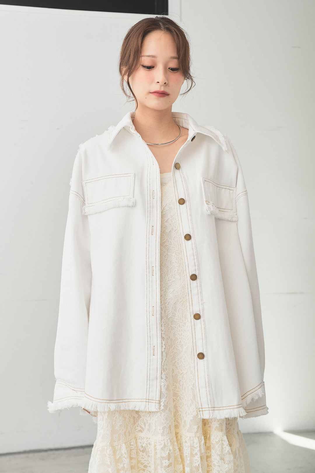 [SET]フリンジデニムジャケット+レース刺繍フレアキャミワンピース(2set)