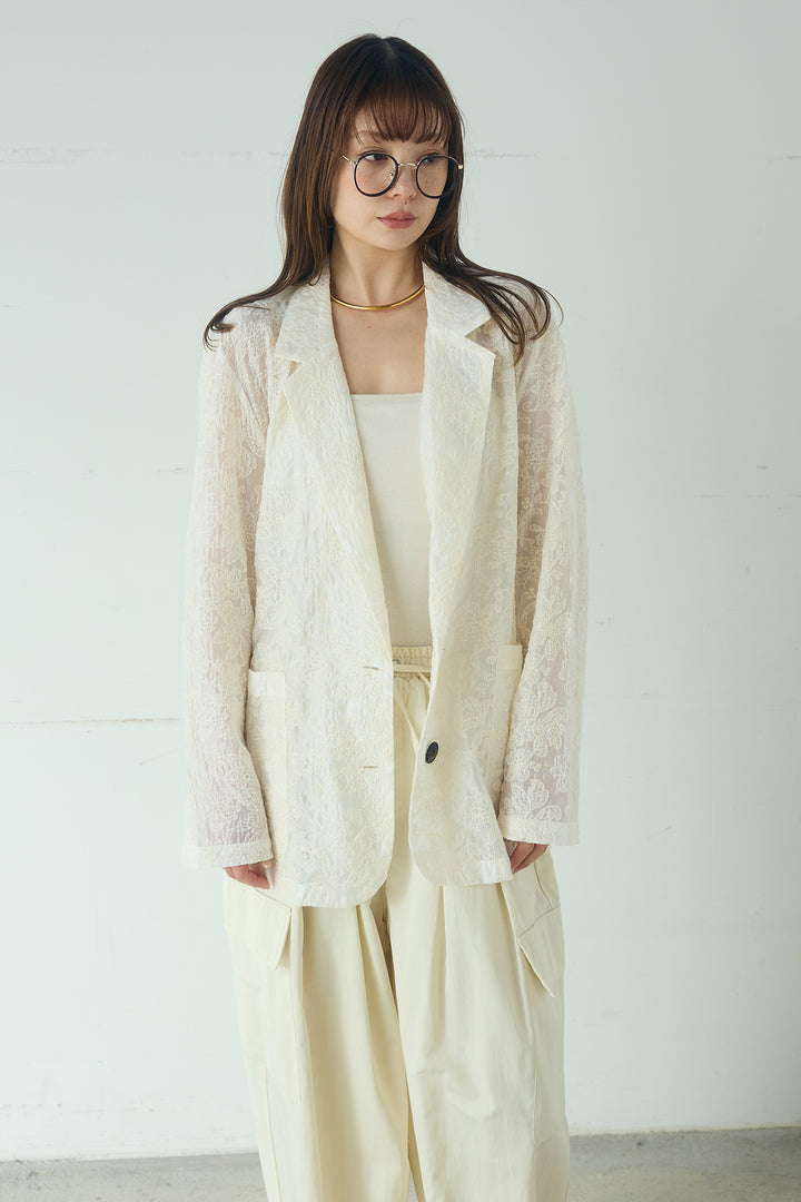 [SET]刺繍シアーテーラードジャケット+撥水フリルビスチェ+撥水ジョガーパンツ(3set)