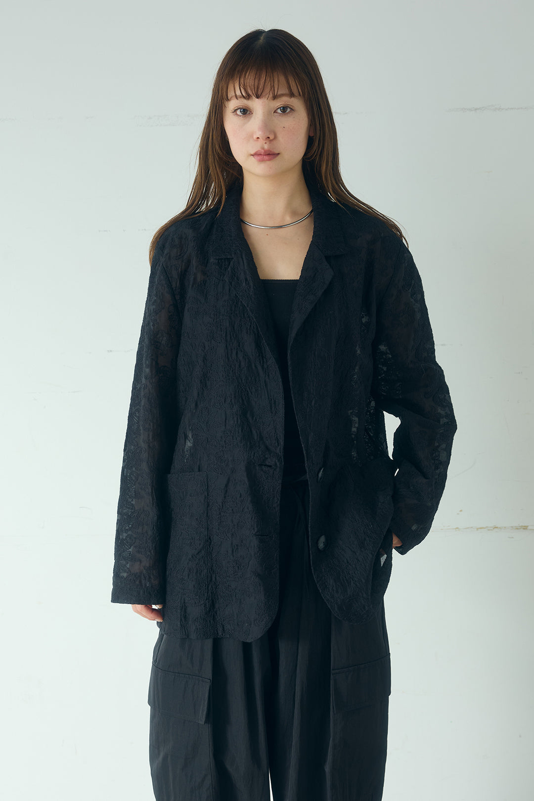 [SET]刺繍シアーテーラードジャケット+撥水フリルビスチェ+撥水ジョガーパンツ(3set)