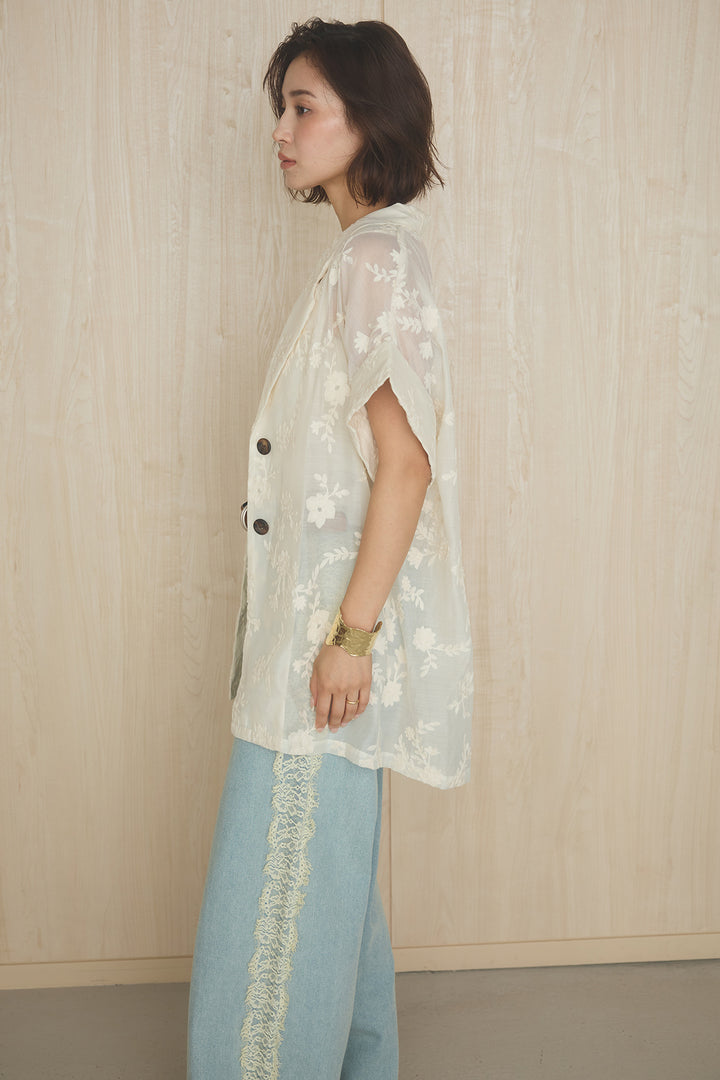 [SET]半袖シアー花柄刺繍テーラードジャケット+センターボタンデニムサロペット(2set)