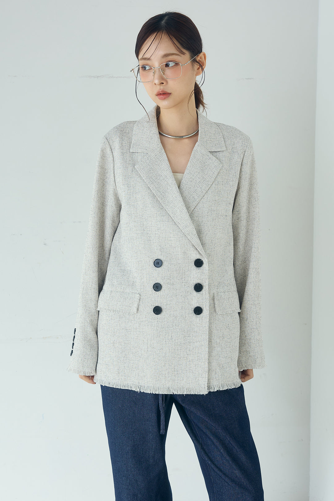スラブネップツイードフリンジテーラードジャケット