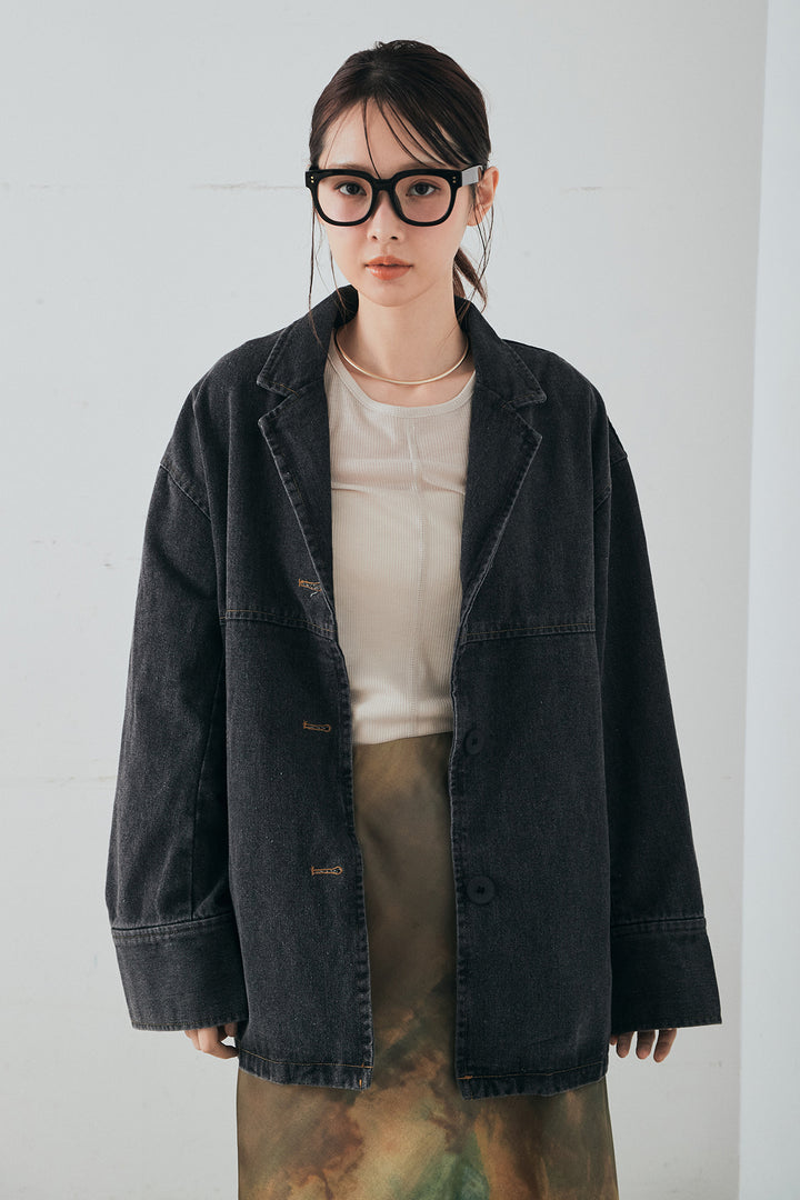 [SET]オーバーデニムジャケット+デニムライクツイルタックパンツ+デニムライクツイルティアードキャミソール(3set)