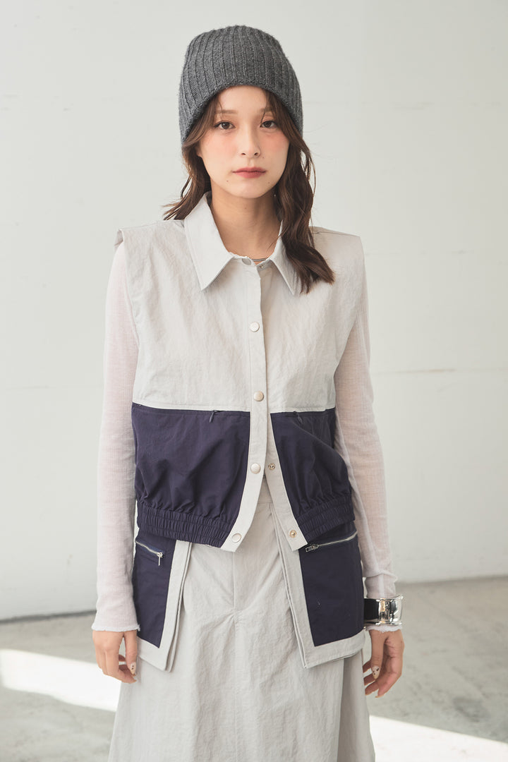 [SET]襟付きナイロンベスト+サイドデザインナイロンスカート+リブシアークルーネック長袖トップス(3set)