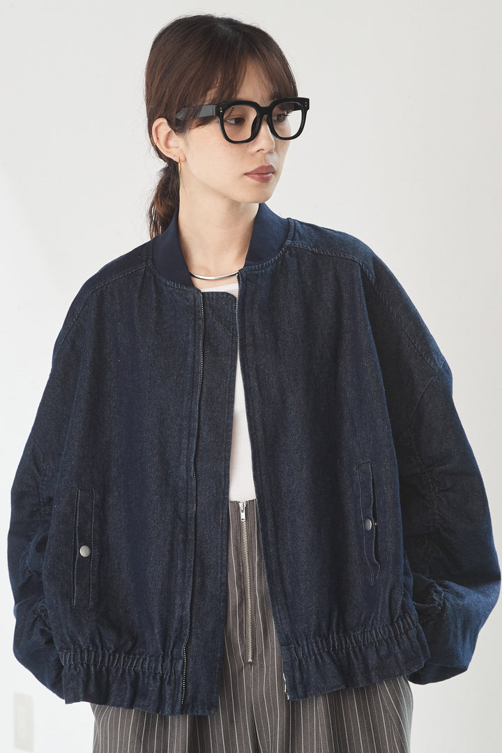 [SET]袖シャーリング裾フリルデニムブルゾン+デニムサイドフリルパンツ(2set)