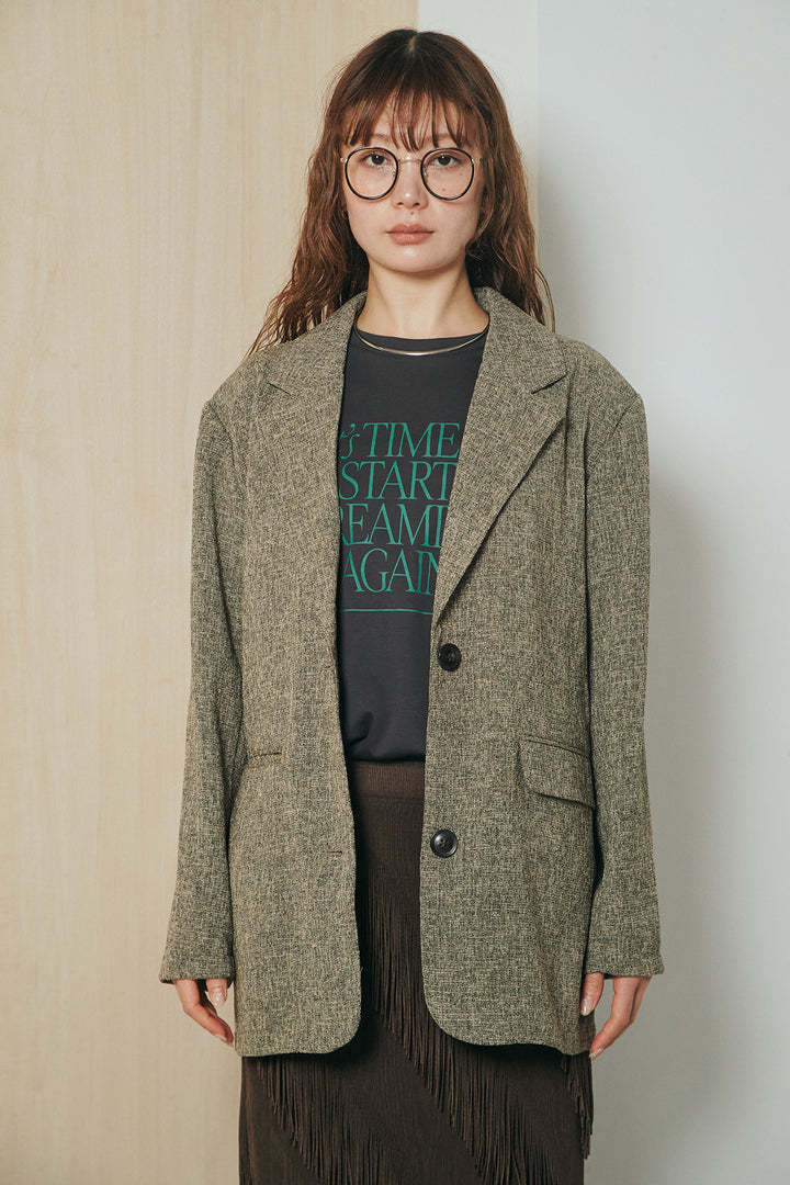 [SET]ミックスツイードベルト付きジャケット+斜めフリンジデザインスカート(2set)