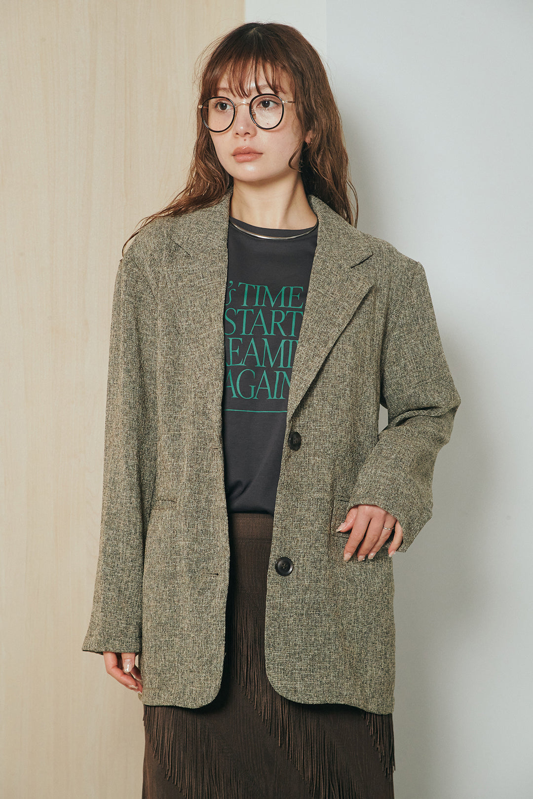 [SET]ミックスツイードベルト付きジャケット+斜めフリンジデザインスカート(2set)