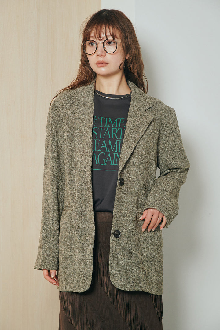 [SET]ミックスツイードベルト付きジャケット+斜めフリンジデザインスカート(2set)