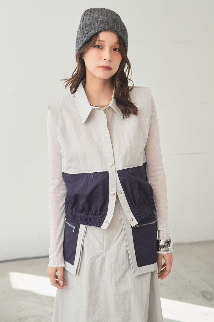 [SET]襟付きナイロンベスト+サイドデザインナイロンスカート+リブシアークルーネック長袖トップス(3set)