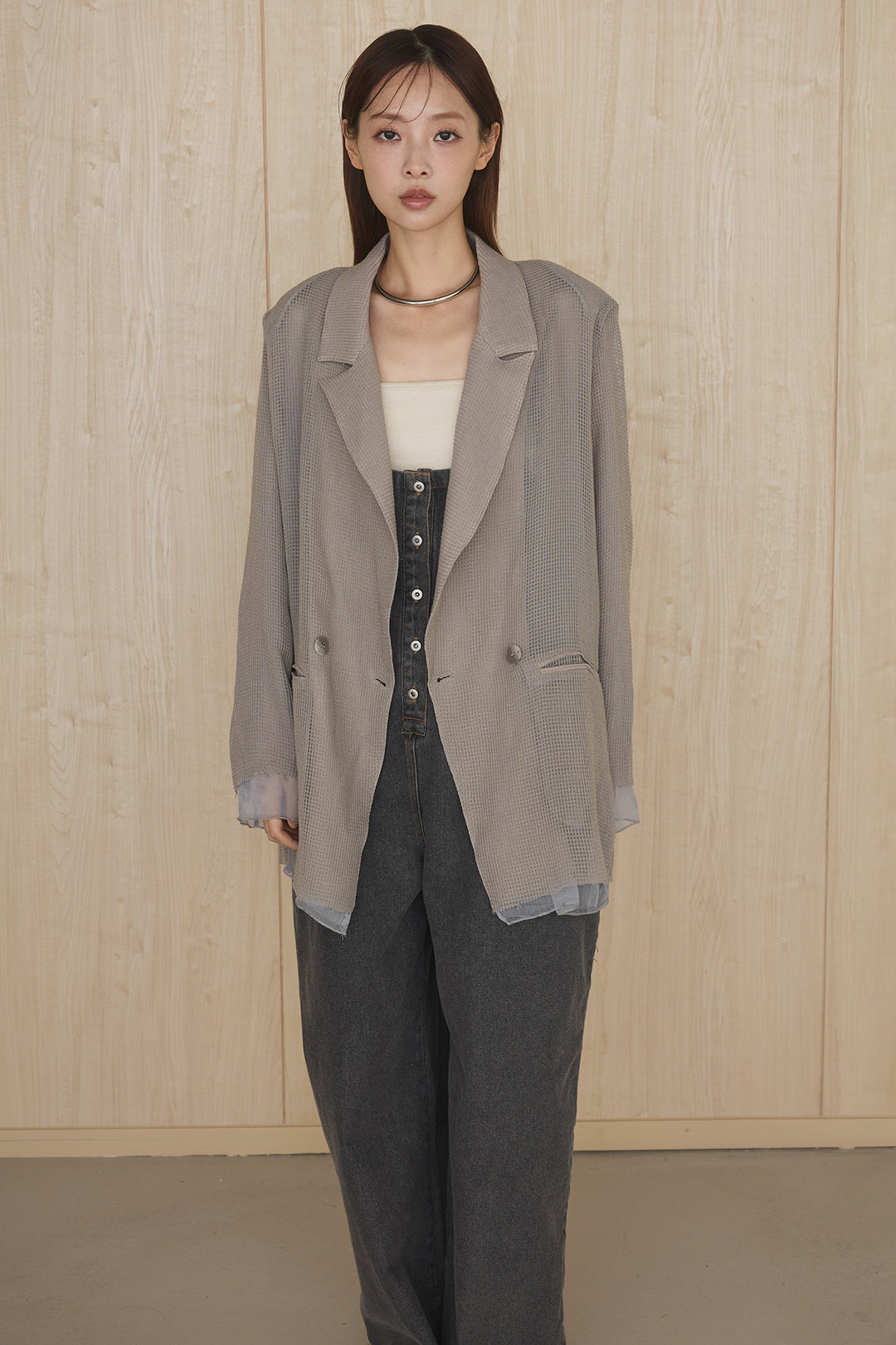 [SET]メッシュテーラードワイドジャケット+ノースリロングワンピース(2set)