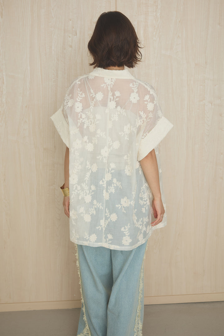 [SET]半袖シアー花柄刺繍テーラードジャケット+デニムサイドレースパンツ(2set)
