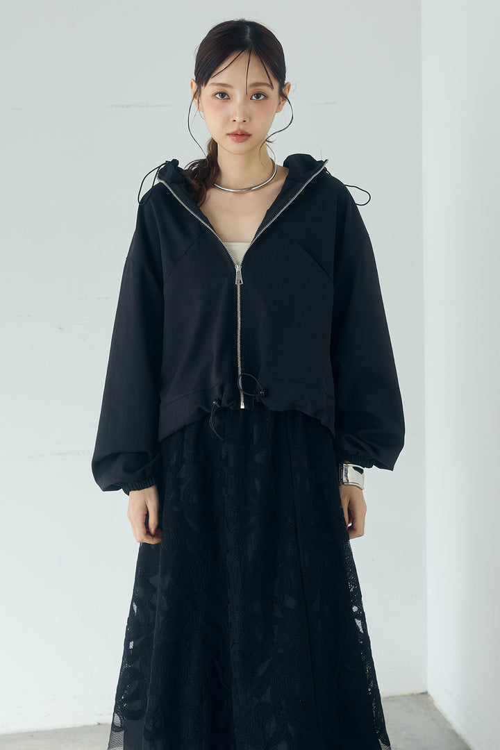 [SET]ネック裾絞りブルゾンアウター+刺繍レースデザインサテンスカート(2set)