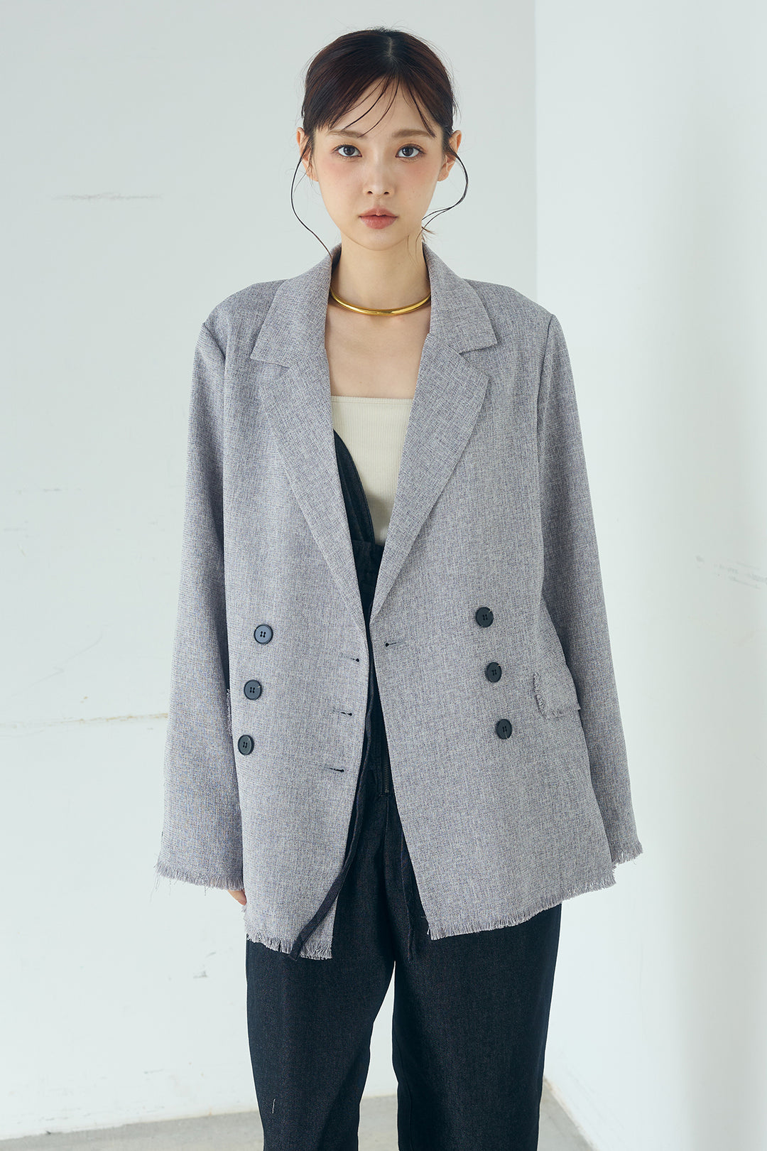 [SET]スラブネップツイードフリンジテーラードジャケット+サイドデザイン入りスウェットパンツ+裾レースキャミソール(3set)