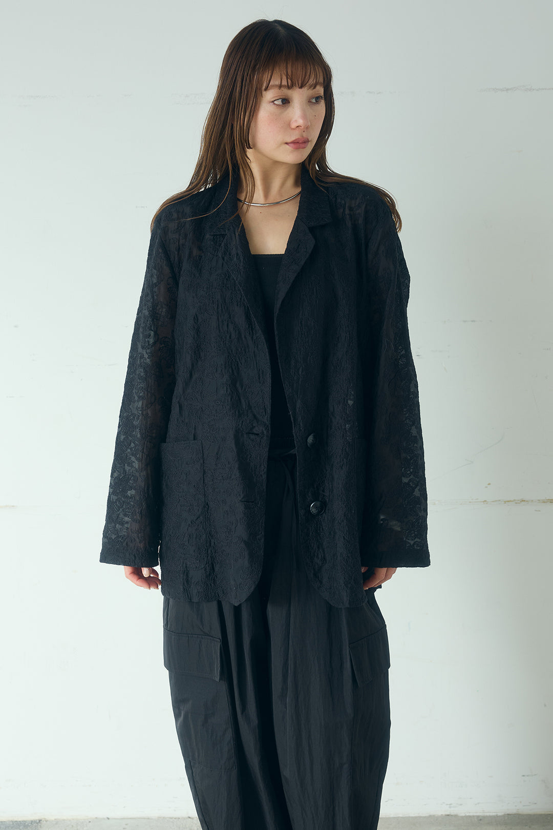 [SET]刺繍シアーテーラードジャケット+撥水フリルビスチェ+撥水ジョガーパンツ(3set)