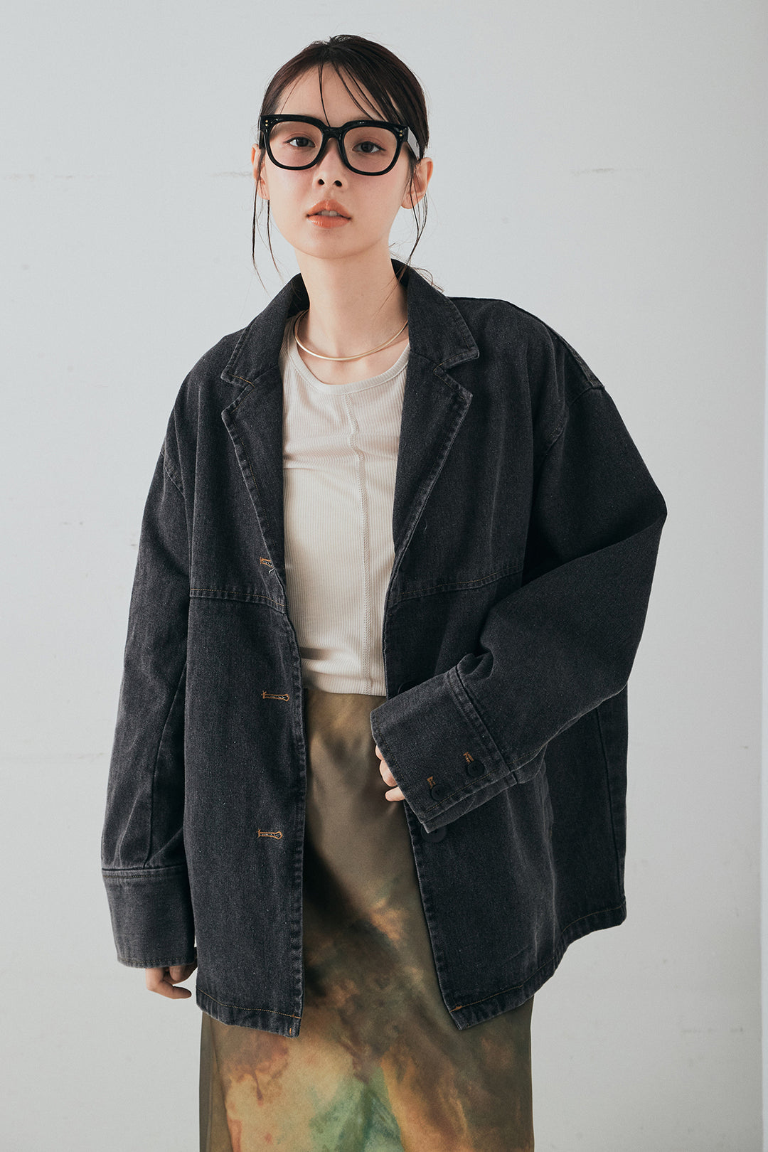 [SET]オーバーデニムジャケット+デニムライクツイルタックパンツ+デニムライクツイルティアードキャミソール(3set)