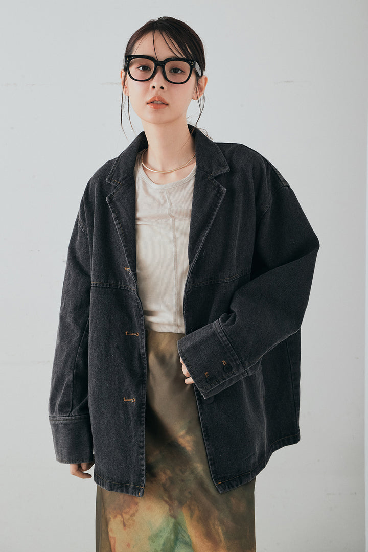 [SET]オーバーデニムジャケット+ウエストクロスデニムタイトスカート+シアーリブフーディプルオーバー(3set)