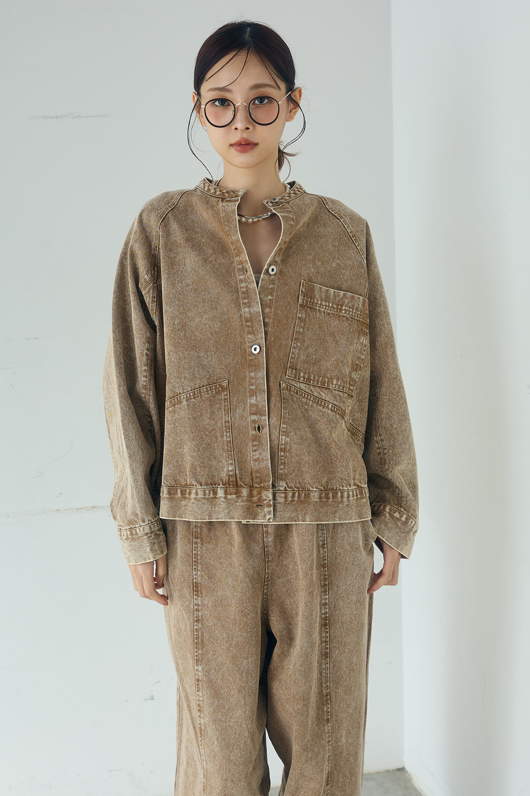 [SET]カラーデニムケミカル加工ノーカラーブルゾン+カラーデニムケミカル加工コクーンパンツ(2set)