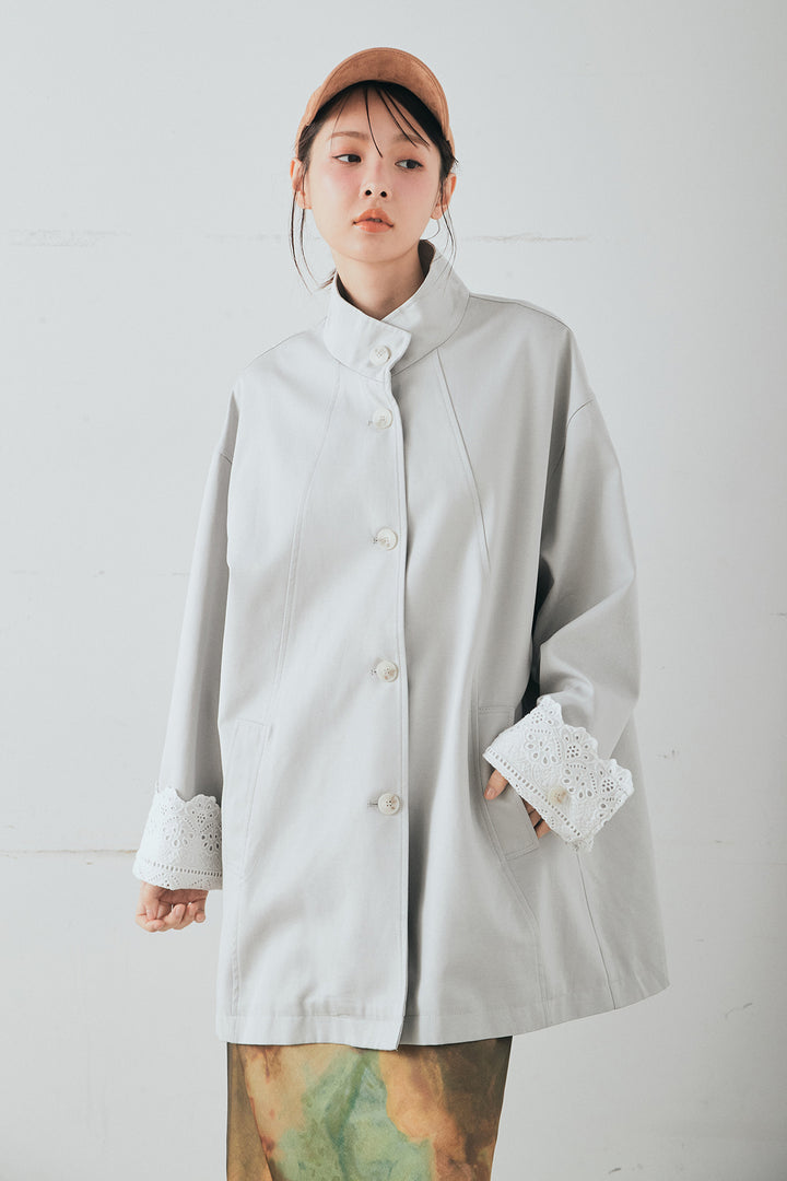 [SET]袖折り返しレースデザインアウター+ニュアンス柄サテンスカート(2set)