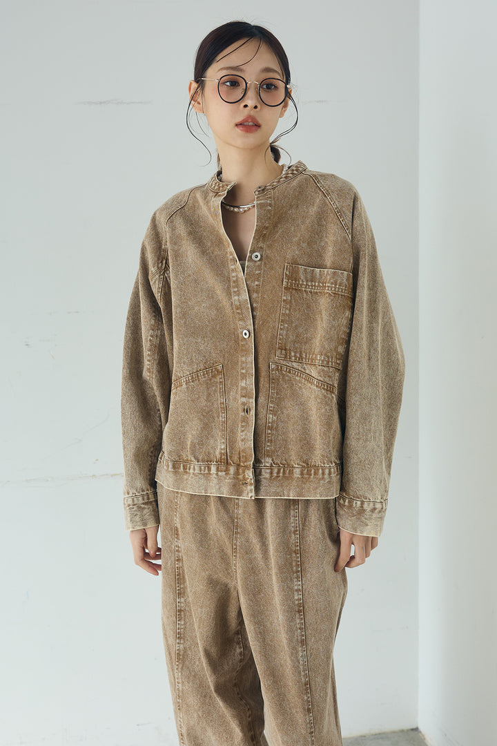 カラーデニムケミカル加工ノーカラーブルゾン