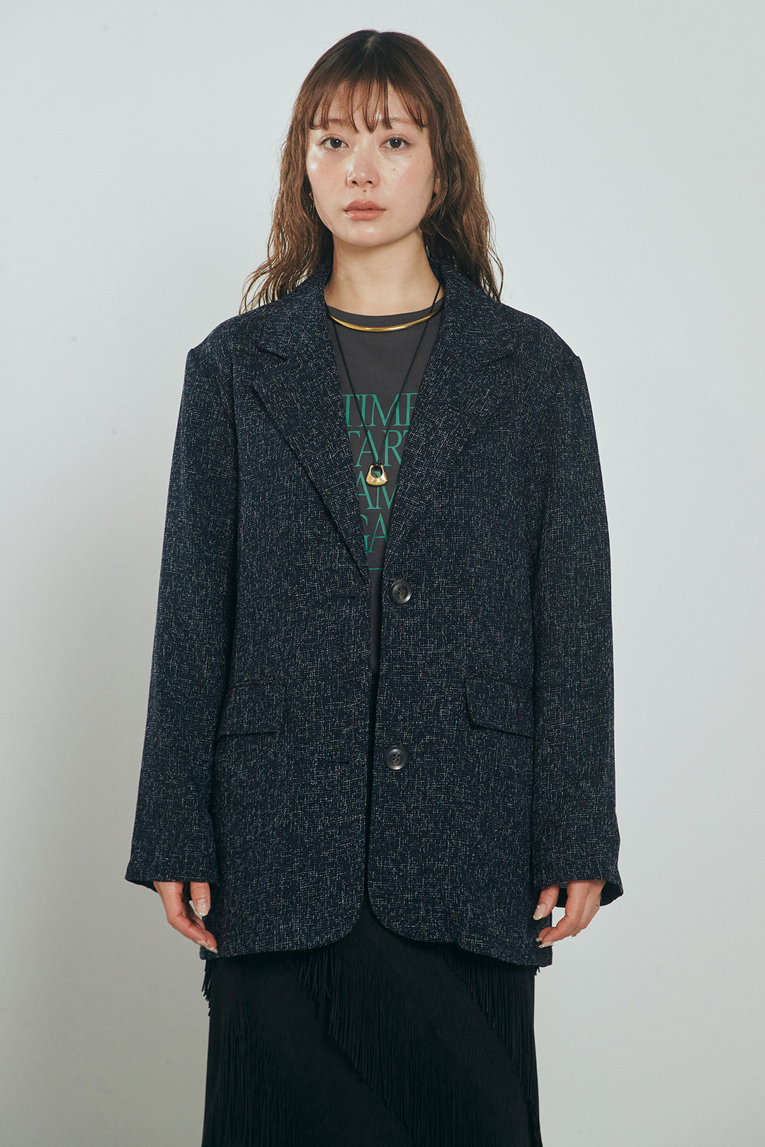 [SET]ミックスツイードベルト付きジャケット+斜めフリンジデザインスカート(2set)